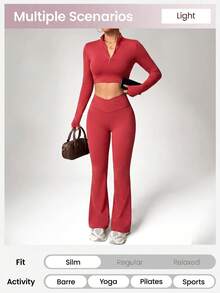 Easithlete Women's Solid Color Long Sleeve Half-Zip T-Shirt And Leggings Sports Set - Red Violet - View 4