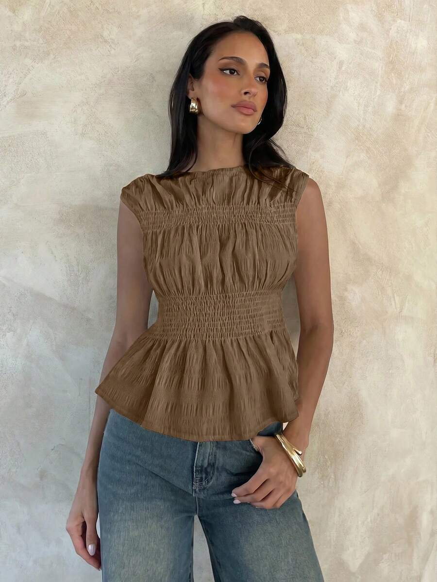 Aloruh 女款優雅法式歐風圓領素色抽褶無袖深棕色上衣,適合早午餐約會夏季穿著 - 淡黃色 - 查看 1