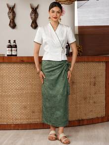 Zaforene Women's Vacation Jacquard Side-Tie Elegant Rough Skirt Olive Green Summer Tyrande Party High Tea Holiday - Multicolor - View 4