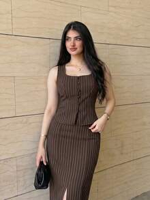 Modelyn Women's Striped Square Neck Single-Breasted Vest And Side Slit Skirt Elegant 2 Pieces Set - Coffee Brown - View 6