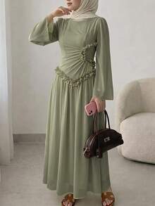 Solavon Women's Elegant Solid Color Ruffle Long Dress - Green - View 6