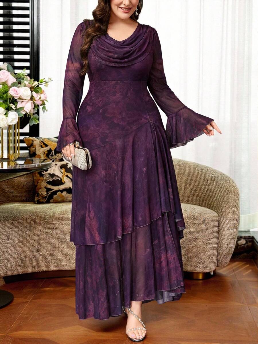 Reflora Plus Size Elegant Commuter Floral Print Dress Wedding Dinner Evening Formal Dark Purple Autumn