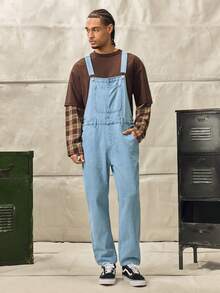 Men's Casual Outdoor Denim Bib Pants - Medium Wash - View 7
