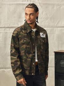 Norleigh Manfinity EMRG Men's Long Sleeve College Style Urban Street Fashion Camouflage Loose Denim Jacket , Fall - Army Green - View 6