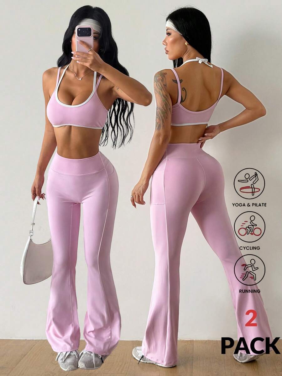 Coolane 女款拼色細肩帶背心上衣與高腰緊身褲休閒日常運動套裝 - 粉色 - 查看 1