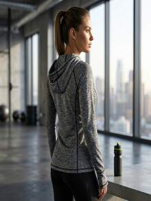 Eassivo Front Zipper Hooded Sports Fitness Jacket - Grey - View 3