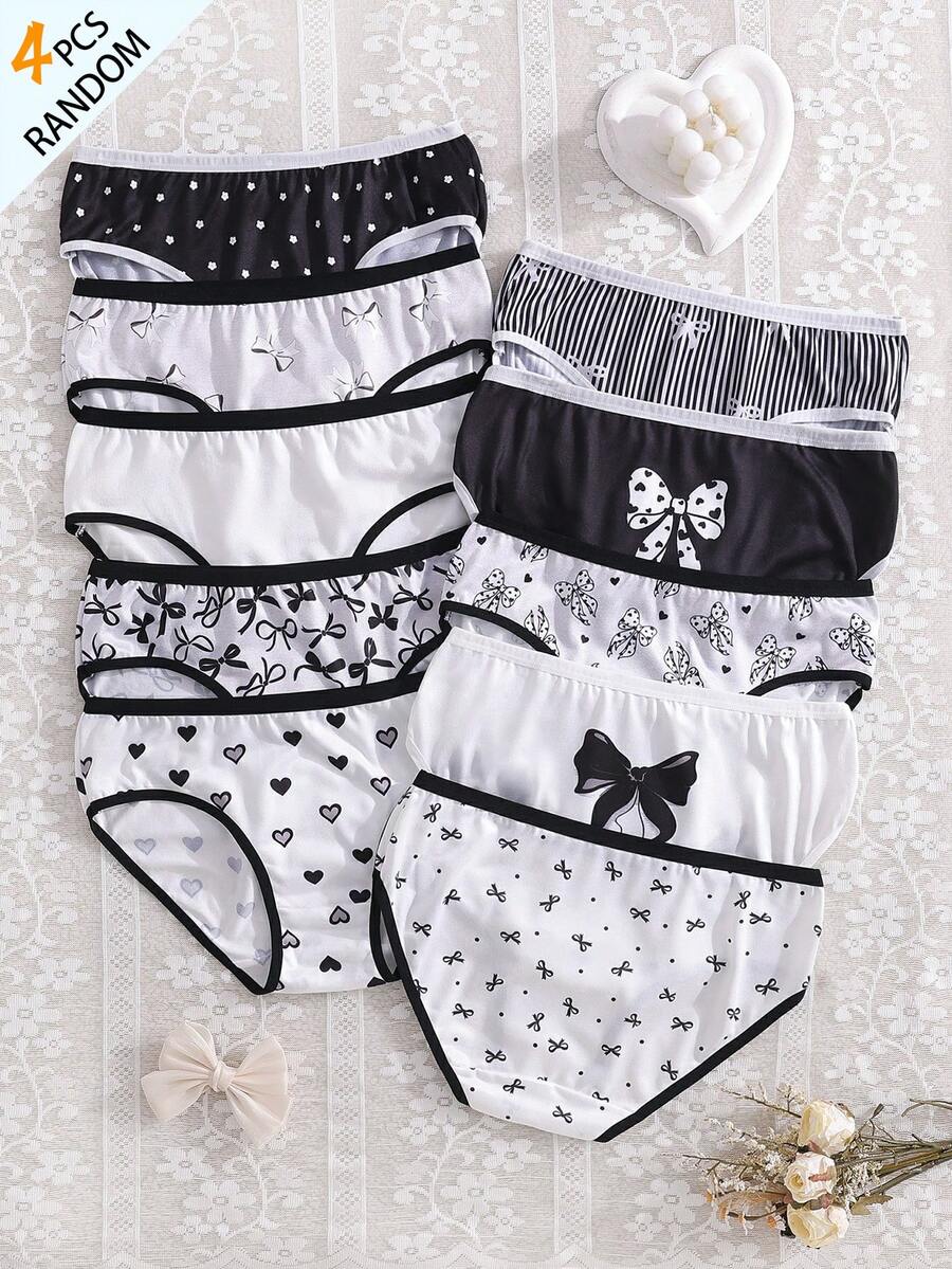 SHEIN 隨機4件組女款青少年極簡時尚蝴蝶結愛心眼睛字母系列舒適柔軟5件組合三角內褲 - 彩色 - 查看 1