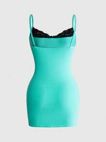 ROMWE Y2K Hot Girl Lace Patchwork 2 In 1 Design Mint Green Napoleon Rope Print Fitted Spaghetti Strap Mini Bodycon Dress - Mint Green - View 2