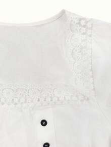 Linhara CURVE Plus Size Women's Woven Square Neck Lace Trim Patchwork Loose Fit Flattering Slimming Gentle French Vintage Everyday Versatile Side Button Design Shirt - White - View 4