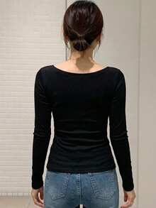 DAZY 女款大圓領修身短袖優雅T恤 灰色 春夏款 - 黑色 - 查看 2
