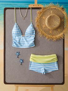Bellisia Vintage Striped Halter V-Neck Two-Piece Swimwear, High Waist Bikini Bottom 3 Pieces Set, Beach Vacation Swimwear - Multicolor - View 6