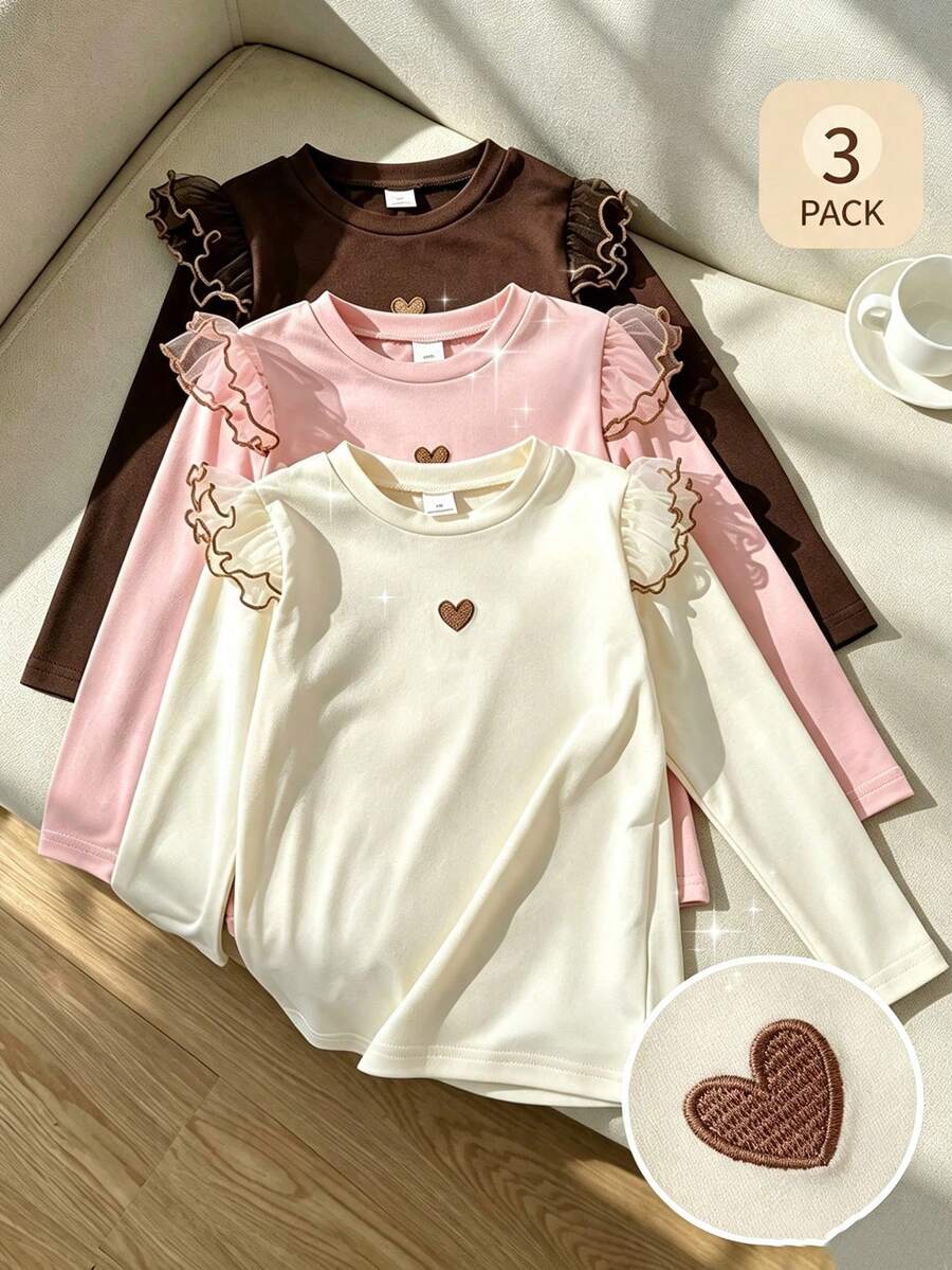 SHEIN Sparklyn 3件組女童秋冬保暖內搭上衣,刺繡愛心長袖上衣,幼女服飾套裝 - 彩色 - 查看 1