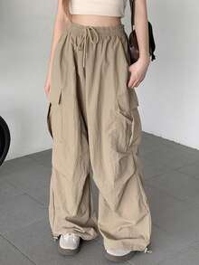 DAZY Celana Kargo Wanita Gaya Jalanan dengan Tali Serut dan Saku untuk Musim Gugur - Khaki - View 5