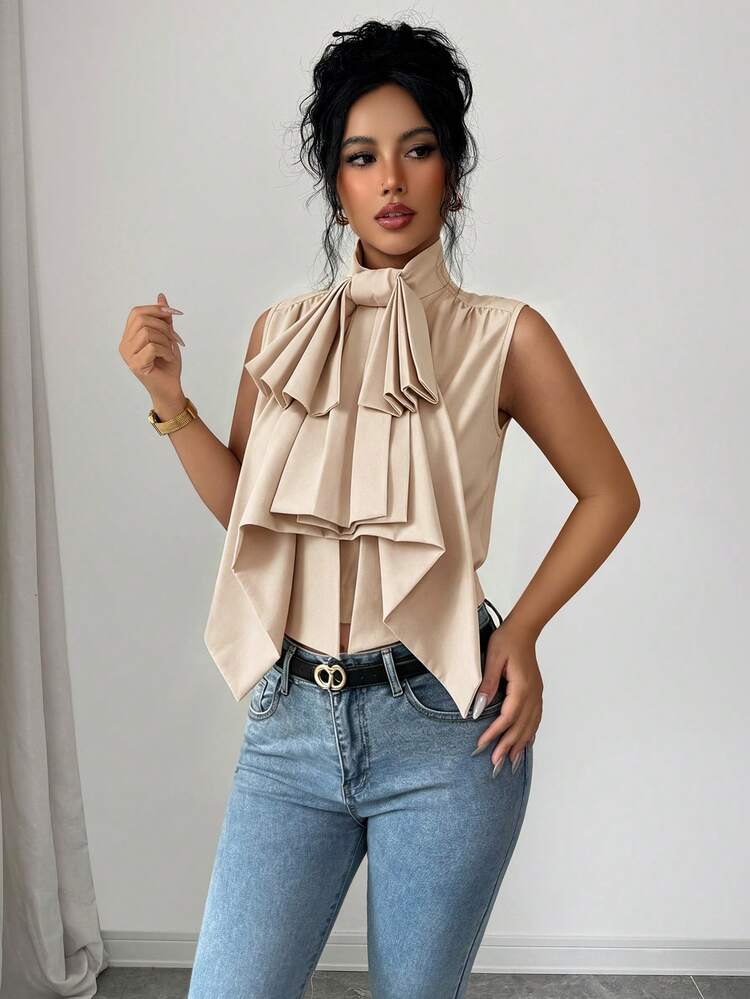 Elenzga 女款素色時尚百搭日常休閒優雅襯衫 杏色 夏季 派對夜生活 - 杏色 - 查看 4