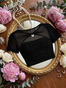 SHEIN MOD Plus Women's Black Sheer Mesh Patchwork Ruched T-Shirt Butterfly Detail Short Sleeve Round Neck Slim Fit Top For Spring Party - Black - View 9