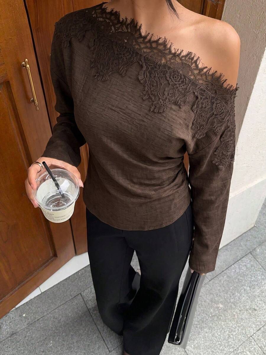 Siren Gaze Women's Solid Color Contrast Lace Asymmetric Shoulder Long Sleeve Fashion Top - Chocolate Brown - View 1