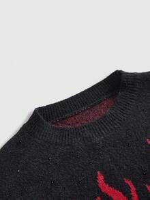 ROMWE Grunge Punk Sweater Crop Lengan Panjang Leher Bulat Berhiaskan Rhinestone dengan Motif Jacquard Api Hitam untuk Wanita - Hitam - View 3