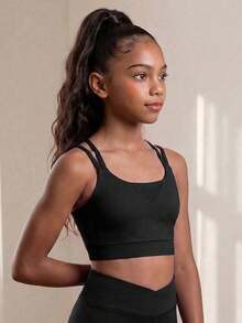 SHEIN Tween Girl Criss Cross Back Sports Bra, Autumn Winter, Fall, Back To School, Yoga, Gym, Running, Training, Stretchy, Breathable, Elastic, Active - Black - View 5