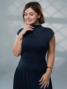 SARA VAULT Light Yellow 2 Pieces Set: Stand Collar Top & Fitted Skirt Elegant Summer - Navy Blue - View 5
