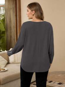 EMERY ROSE Plus Size Women's Autumn Casual Versatile Solid Color Long Sleeve T-Shirt - Dark Grey - View 2