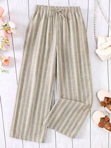 SHEIN Tween Girl Drawstring Waist Casual Versatile Daily Wear Wide Leg Long Pants 2pcs/Set - Multicolor - View 5