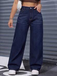 SHEIN ICON Plus Size Fashion Versatile Button Pocket Loose Denim Jeans - Dark Wash - View 4