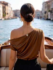 SHEIN LUNE CURVE Plus Size Premium Satin Asymmetrical Shoulder Top, Flattering And Elegant - Brown - View 2