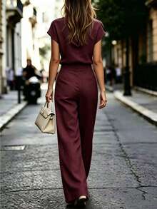 RosyDaze Women's Solid Color Notch V-Neck Shirt And Wide Leg Pants Casual 2 Pieces Set - Burgundy - View 2