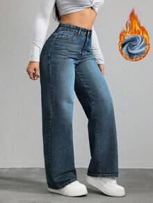 SHEIN ICON 大尺碼女款口袋寬腿鬆垮休閒復古牛仔褲 - 藍色 - 查看 7
