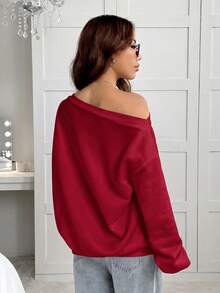 SHEIN EZwear 女款寬鬆不對稱肩領衛衣，內層保暖內裡，酒紅色，秋冬款 - 酒紅色 - 查看 2