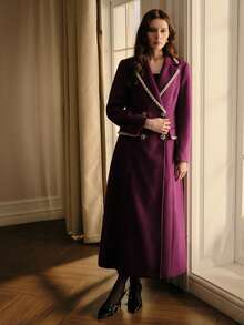 MOTF PREMIUM WOMEN'S ELEGANT CONTRAST FAUX PEARLS TAPE TRIM OVERCOAT, AUTUMN/WINTER - Purple - View 7