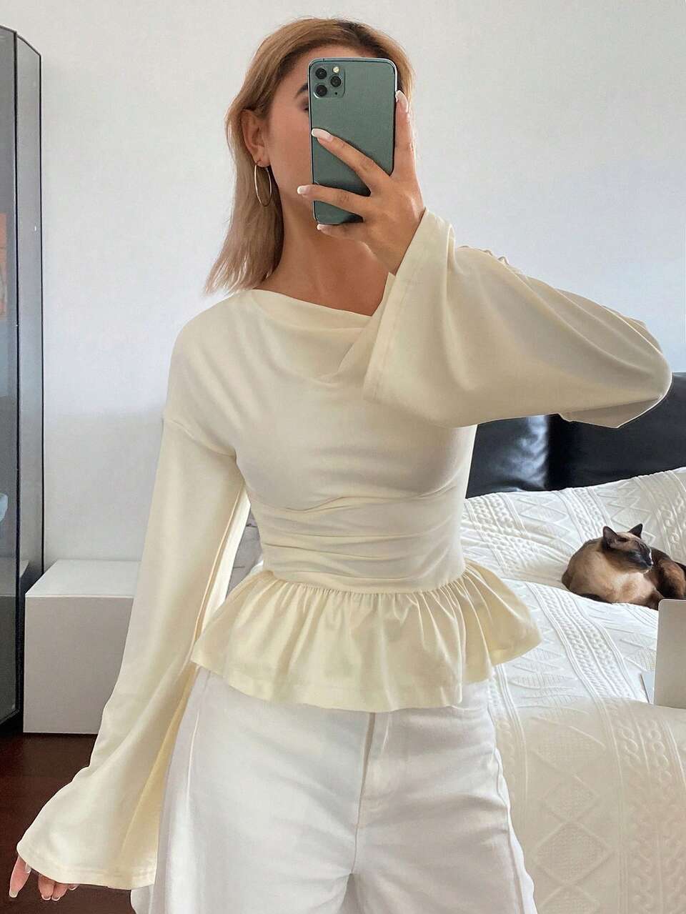 Women's Solid Color Versatile Asymmetrical Neckline Ruffle Hem T-Shirt
