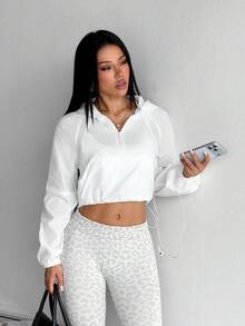 Dewbera Dewbera Solid Color Drawstring Hem Cropped Hooded Sweatshirt - White - View 1