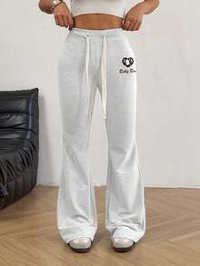 Betty Boop x SHEIN SHEIN EZwear 女款休閒極簡抽繩喇叭運動長褲，Betty聯名印花圖案，適合外出與返校穿著 - 灰色 - 查看 3