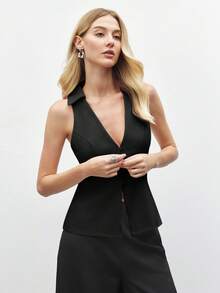 BizChic 女款翻領襯衫上衣，前開襟單排扣鉤扣設計，優雅簡約正式通勤辦公約會度假日畢業季音樂節顯瘦百搭高端夏季社交假日派對出遊海灘日常法式復古清新 - 黑色 - 查看 5