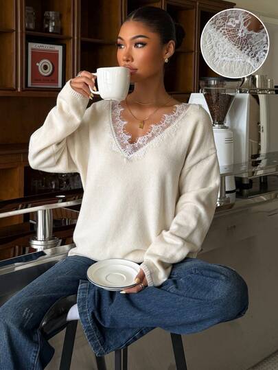 Muchica Women's Autumn/Winter Sweater-Featuring Long Sleeves And A Dropped-Shoulder Cut; Designed In An Apricot-White Hue With Lace Detailing At The Neckline.