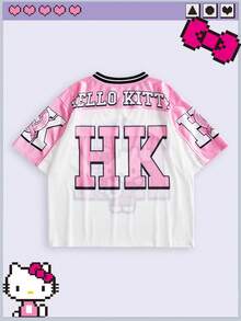 HELLO KITTY AND FRIENDS | ROMWE تي شيرت جيرسي بقصة فضفاضة وطبعة مشتركة العلامة التجارية بأسلوب رياضي Y2K للفتيات - وردي - مشاهدة 2