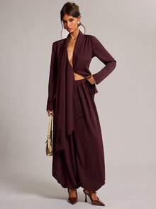 SHEIN BAE بليزر نسائي بلون موحد كاجوال متعدد الاستخدامات للارتداء اليومي، بنطال فانوس، ملابس ضيفة الزفاف، مناسبات رسمية، كوكتيل - الأرجواني - مشاهدة 3