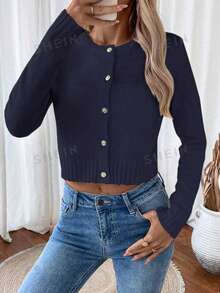 EMERY ROSE 女士纯色长袖单排扣短款休闲薄款开衫 - 寶藍色 - 查看 5
