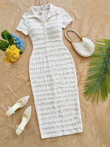 Soleia New Casual Vacation Lapel Short Sleeve Colorblock Striped Dress - Beige - View 7