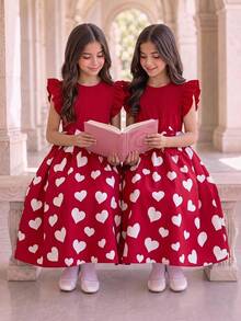 SHEIN Tween Girls' Red And White Summer Cute Elegant Birthday Party Patchwork Heart Print Ruffle Armhole Belted Mini Dress, Graduation, Outfit Autumn Fall - White - View 1