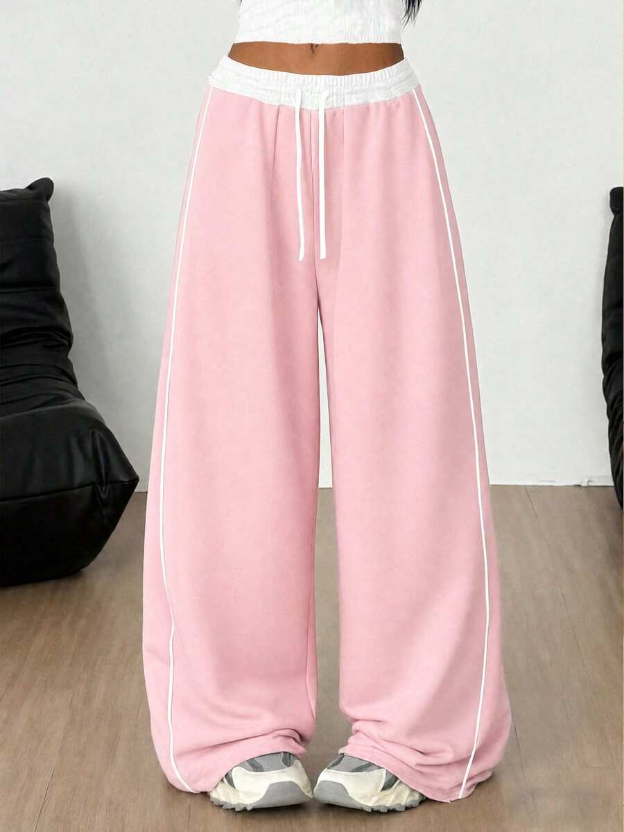 SHEIN Tween Girl Tween Girl Colorblock Drawstring Waist Wide Leg Loose Casual Sweatpants - Pink - View 1