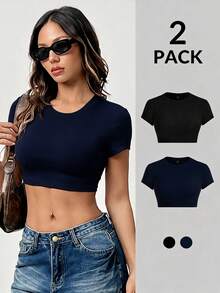 SHEIN PETITE Ultra-Cut 女款短袖緊身 T-shirt 黑白兩件組 - 彩色 - 查看 1