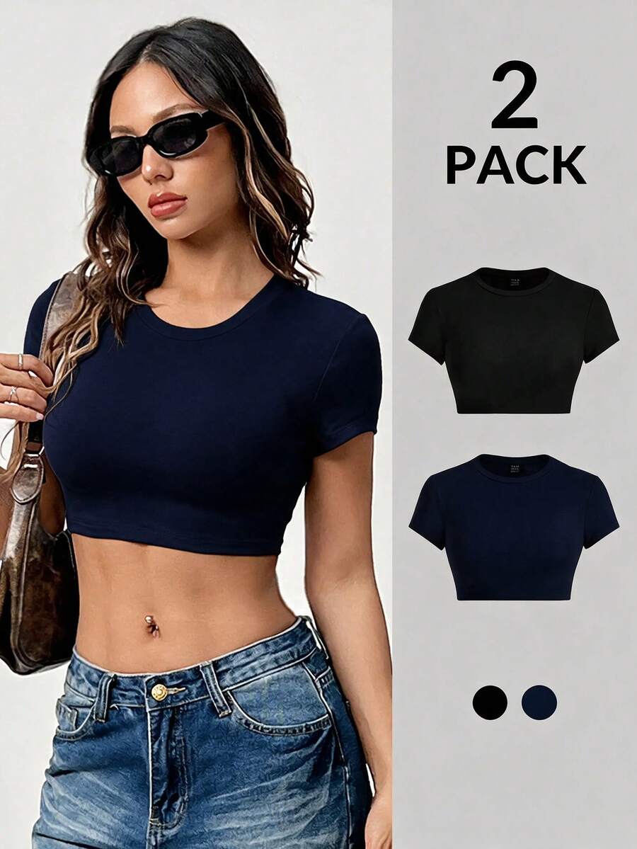 SHEIN PETITE Ultra-Cut 女款短袖緊身 T-shirt 黑白兩件組 - 彩色 - 查看 1