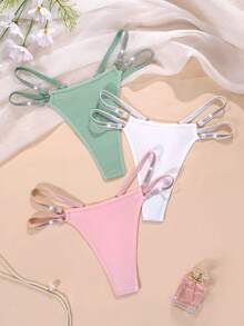 SHEIN 女款純色拼接亮片T-Back內褲3件組 - 彩色 - 查看 1