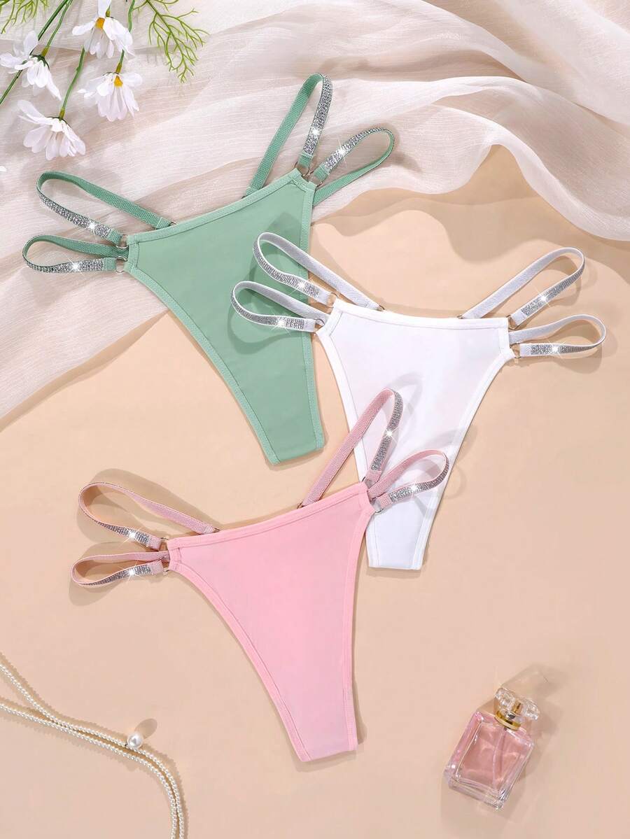 SHEIN 女款純色拼接亮片T-Back內褲3件組 - 彩色 - 查看 1
