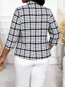 SHEIN Lady Plus Size Women's Houndstooth Open Front Elegant 3/4 Sleeve Blazer - Multicolor - View 2