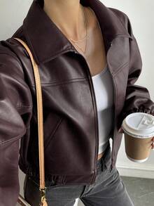 Livesso Women's Autumn Fashion Versatile Regular Jacket - Burgundy - View 4