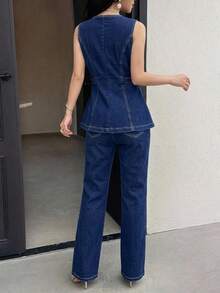 Feyla Women's Casual Commute Vest & Long Pants Denim Set Teacher Outfits For Women - Dark Wash - View 2