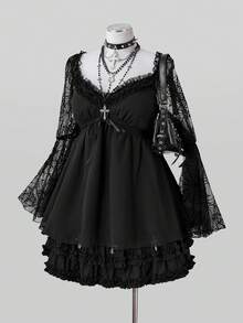 Sunspun Halloween Plus Size Chiffon V-Neck Cinched Waist Flared Sleeve Spider Web Blouse Dark Style - Black - View 4